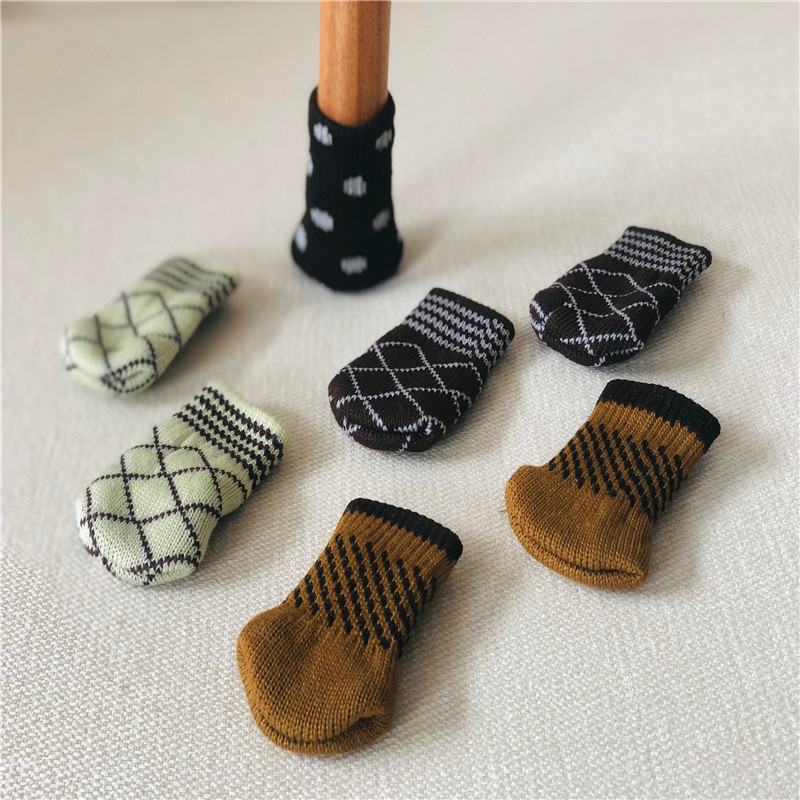 日韩防噪防滑桌椅脚套 凳子茶几脚套 格子图案方形桌椅套4只一套