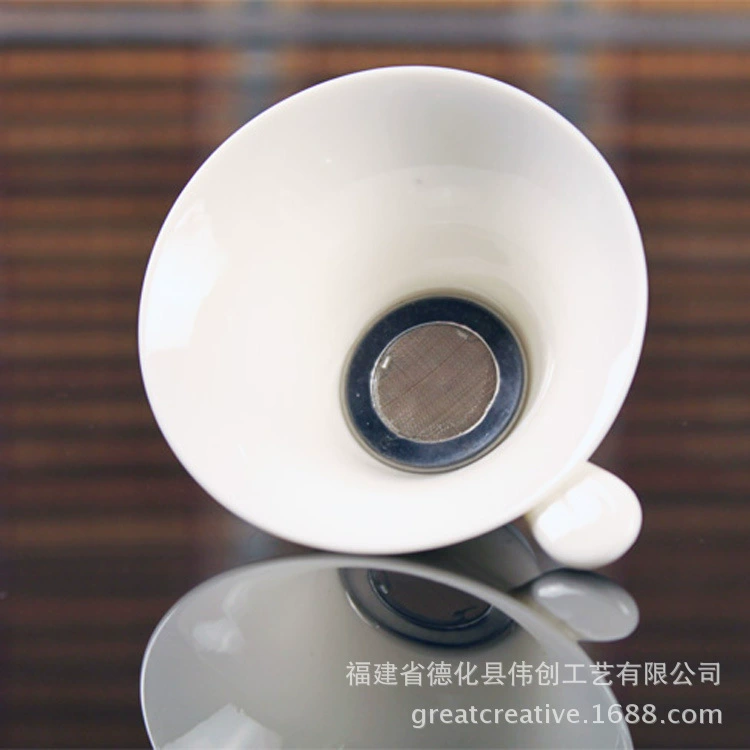 Ceramic Tea Filter (Weinchuang Craft) with Hand-Shaped Holder & Tea Leak Tray, White Dehua Porcelain