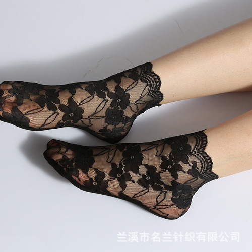 Lace stocking girl floral cotton sole short socks shallow mouth mesh transparent Japanese style lady boat socks summer thin crystal socks