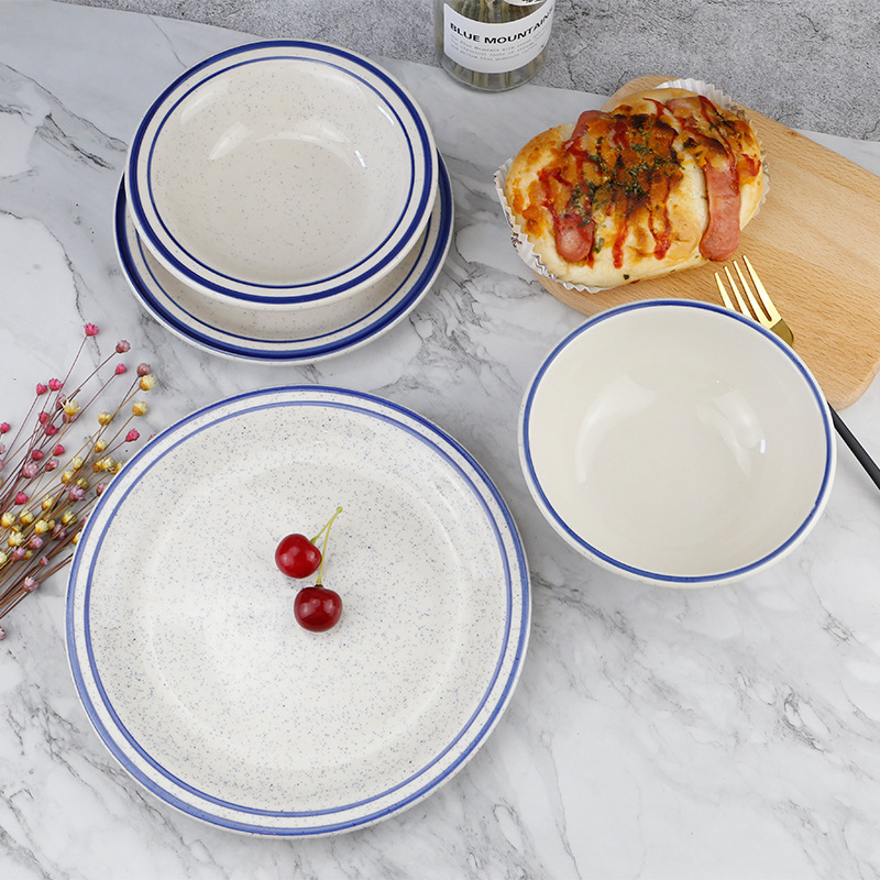 Simple ins Style Ceramic Tableware Set Hand-painted Blue-sided Bowl and Dish Steak Plate Factory Direct Supply Ceramic Tableware