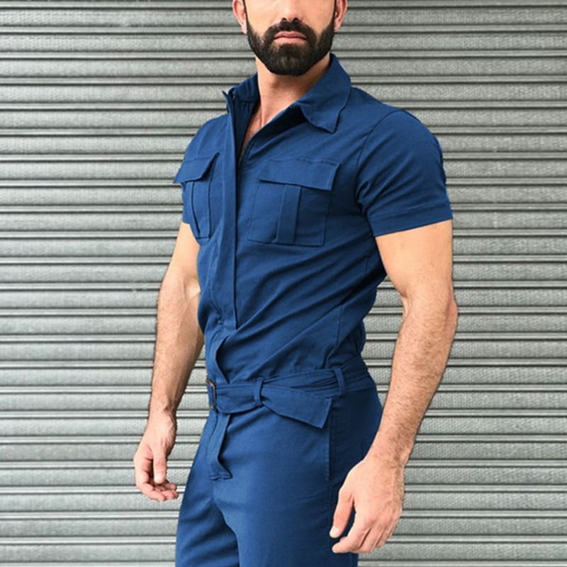 2026 Cross-Border Men's Workwear Jumpsuit Casual Jumpsuit Set Amazon European and American Style Belted Jumpsuit Short Sleeve