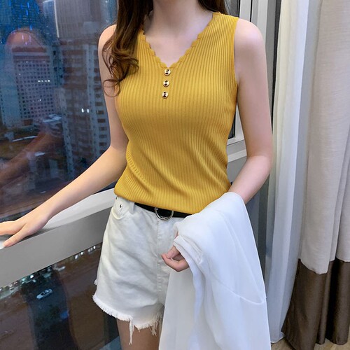 Women's Summer Outerwear Ice Silk Knit Tank Top with Oversized Button Straps, Versatile Base Layer Top, Sexy V-Neck T-Shirt Top