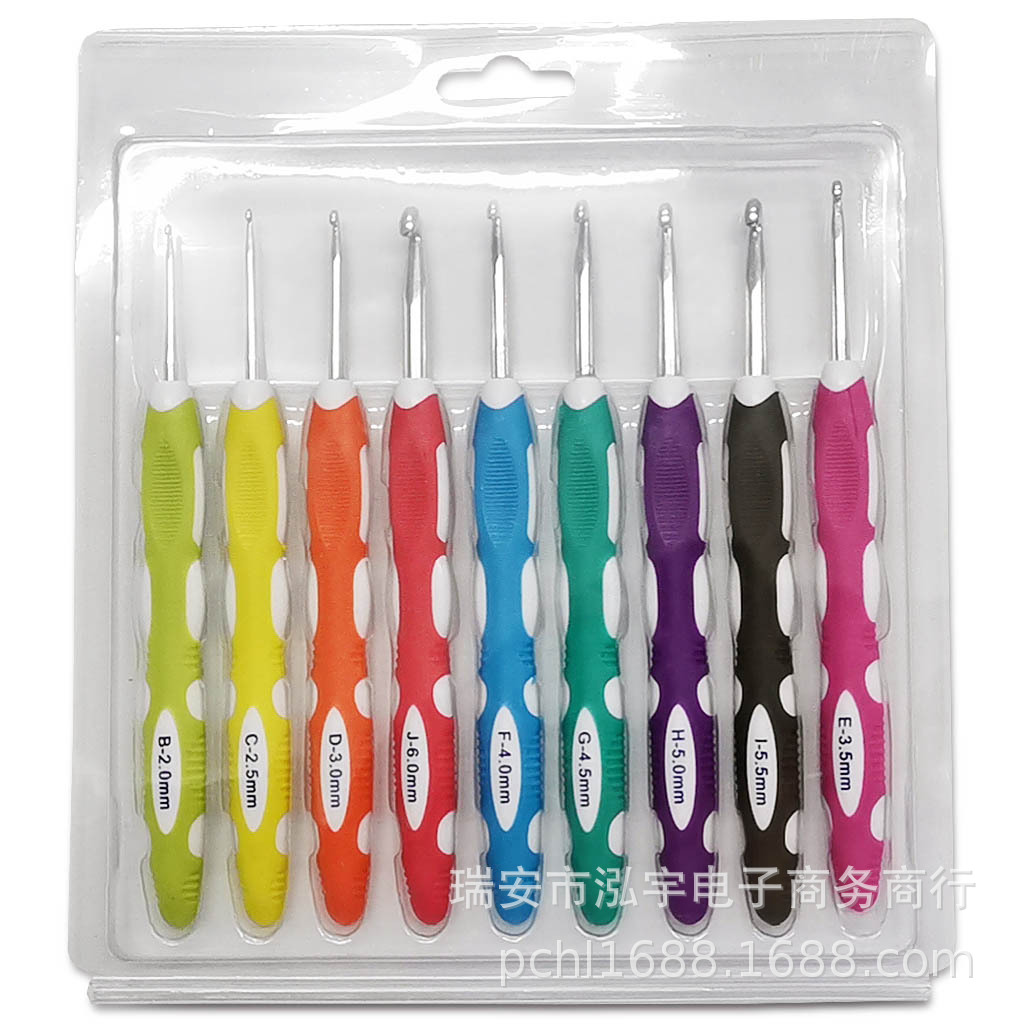 Aguja de suéter herramienta de tejer TPR de dos colores mango de plástico de aluminio conjunto de ganchillo 9 blister de embalaje de color aleatorio