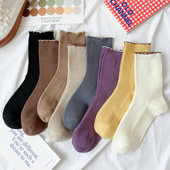 Autumn and Winter New Arrival Plush Socks, Japanese Cotton Socks, Korean Version Retro Lace Edge Basic Color Simple Women's Mid-Calf Socks, Wholesale
