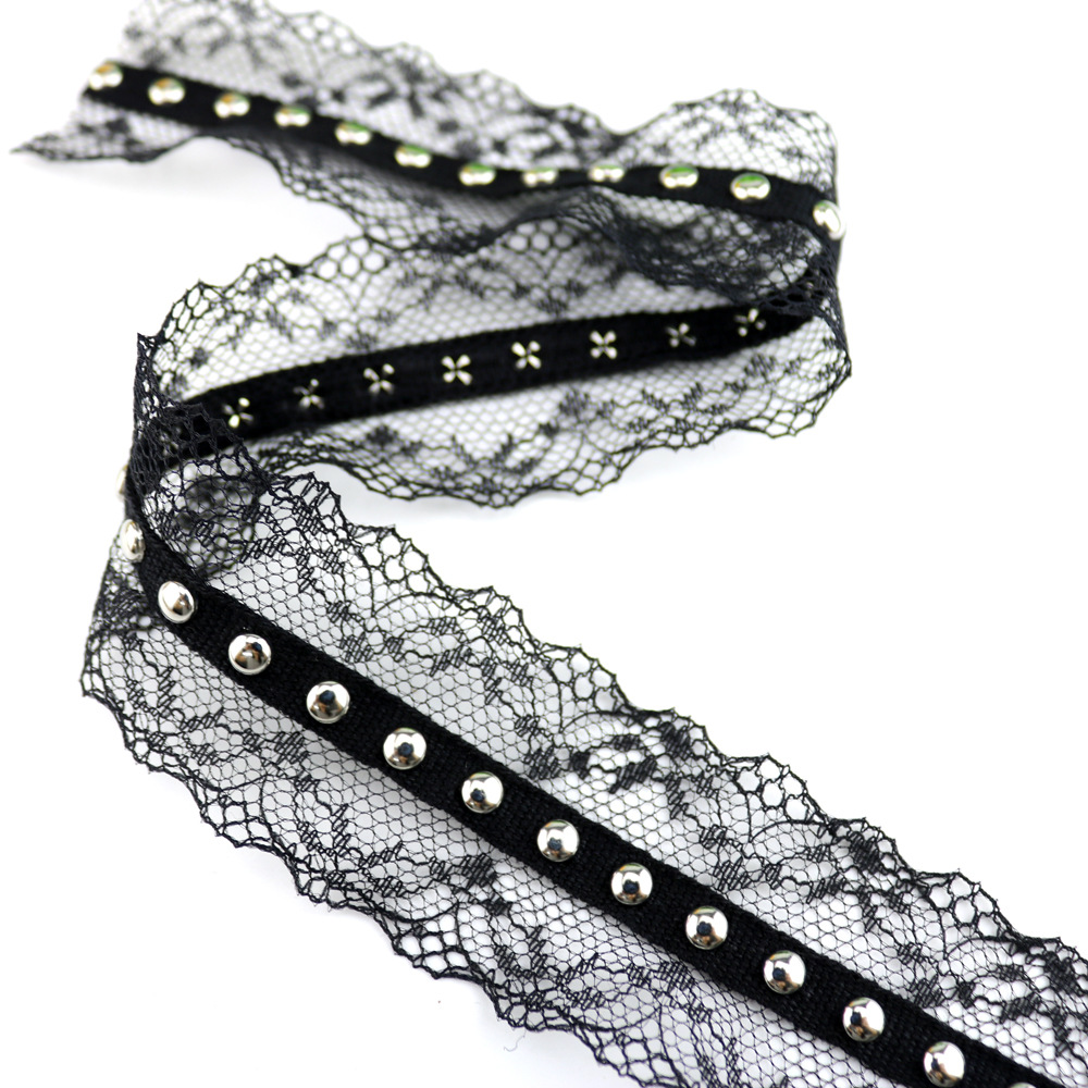 4cm黑色蕾丝镂空织带打铆钉铜钉织带双层拼接服装箱包配饰花边