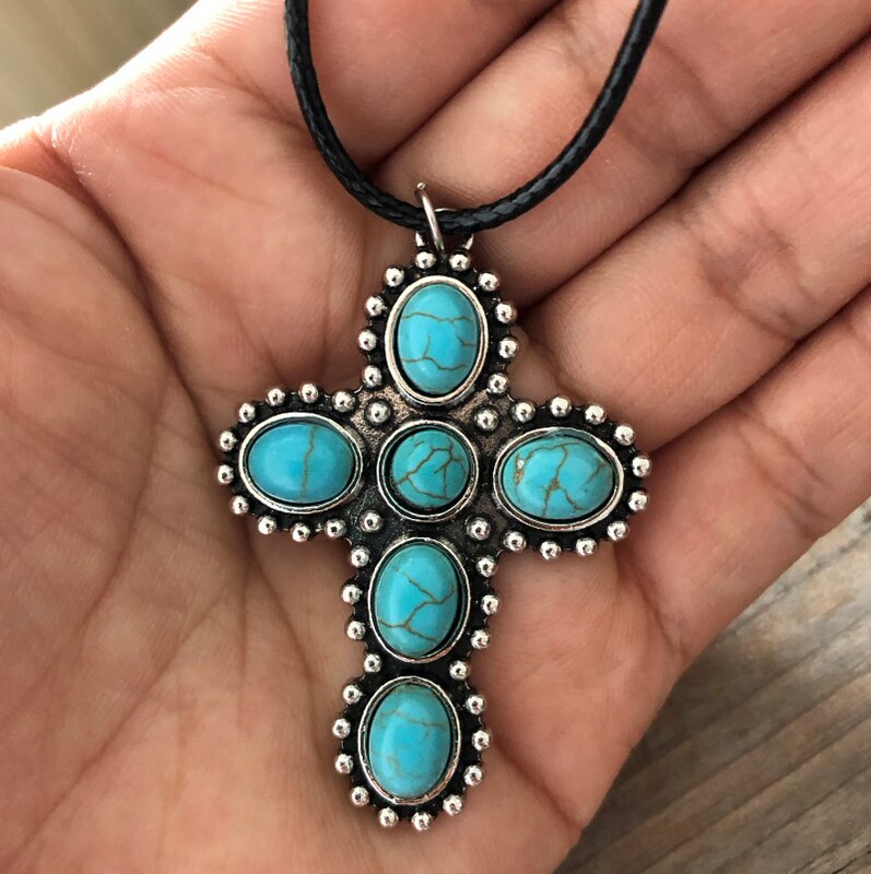 Independent station European and American retro turquoise cross necklace cross-border 925 ancient silver clothing accessories necklace Independent station European and American retro turquoise cross necklace cross-border 925 ancient silver clothing accessories necklace