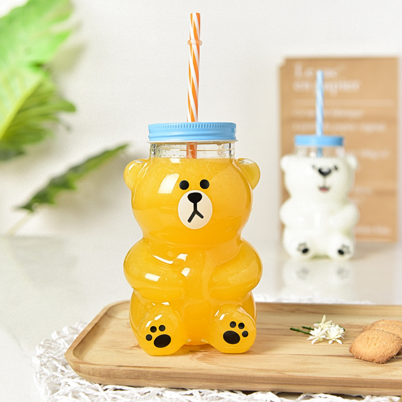 Taza de paja de oso con taza de vidrio cubierta, taza de té de leche de viento, taza de vidrio de dibujos animados encantadora, taza de agua de fábrica al por mayor