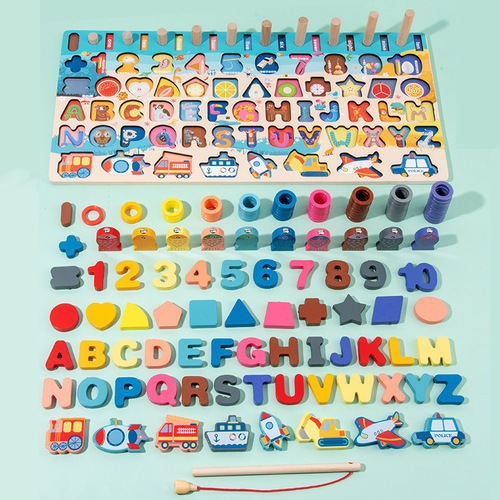 Macaron traffic number shape cognition six-in-one fishing logarithm board wooden puzzle puzzle educational toy