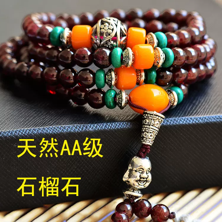 精品天然石榴石手串隔蜜蜡石榴石手链宝石手饰藏式酒红石榴石手饰