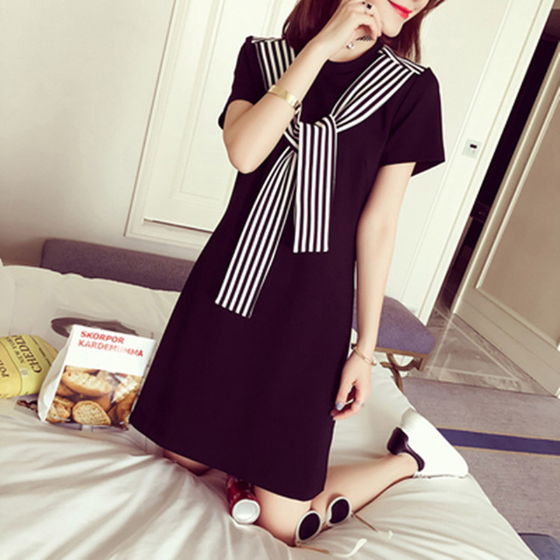 Cute School Girl Skirt Mid-length Straight dress Women's Short-sleeved Casual Women's Women's Striped Age-reducing Long Skirt Trendy