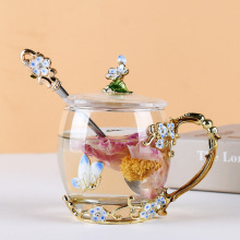 厂家直供创意珐琅杯子花茶杯女家用玻璃带盖水杯套装礼品可定 制