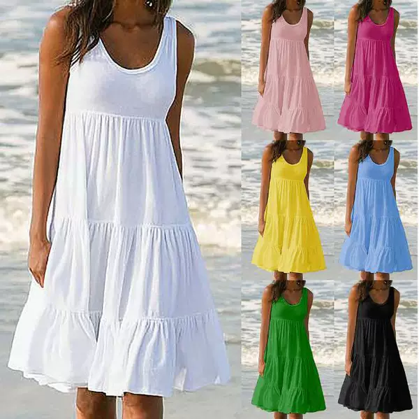 2025Wish Amazon Aliexpress Women's Clothing 7 Colors 5 Sizes Sleeveless Round Neck Patchwork Large Hem Beach Dress European and American Style