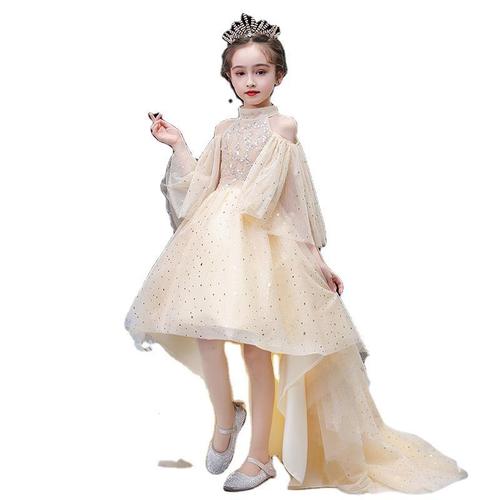 Children's Formal Wear 2024 New Bridal Gown Short Front Long Train Model Girl Child Fashion Show Performance Dress European and American Princess Dress