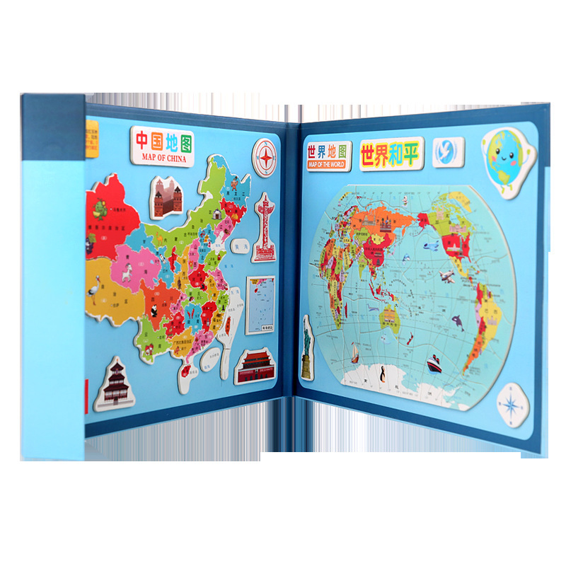 Magnetic Libro Dos en un mapa del mundo chino de los niños cognitivos de la educación temprana acumulación de inteligencia rompecabezas de madera