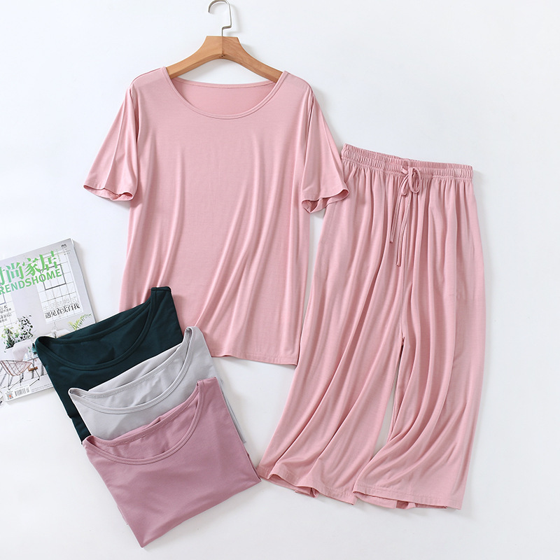 Modal Pajamas Women's Summer Thin Two-piece Short-sleeved Cropped Pants Outwear Home Suit Large Size