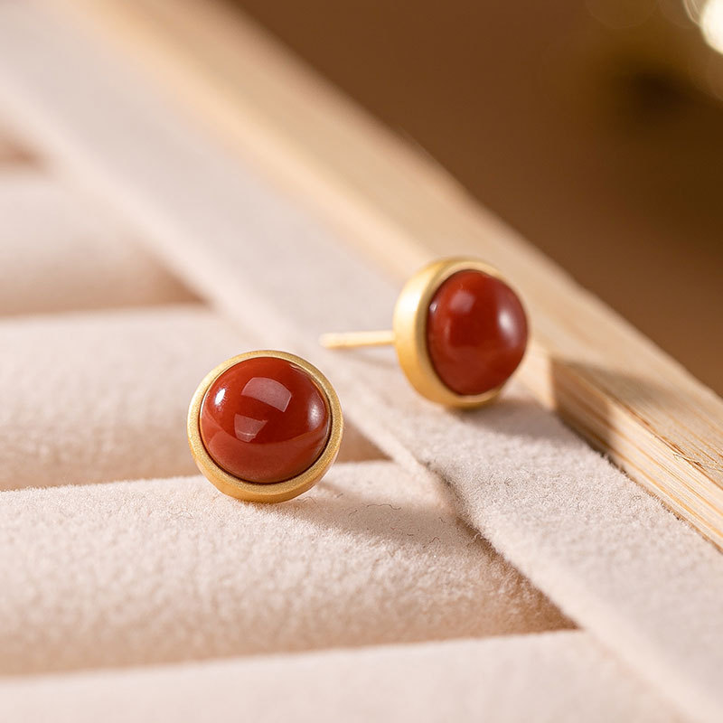 Khuyên tai hoop nữ đơn giản cá tính cổ điển đá Mã Não Đỏ bạc S925 — Một cặp
