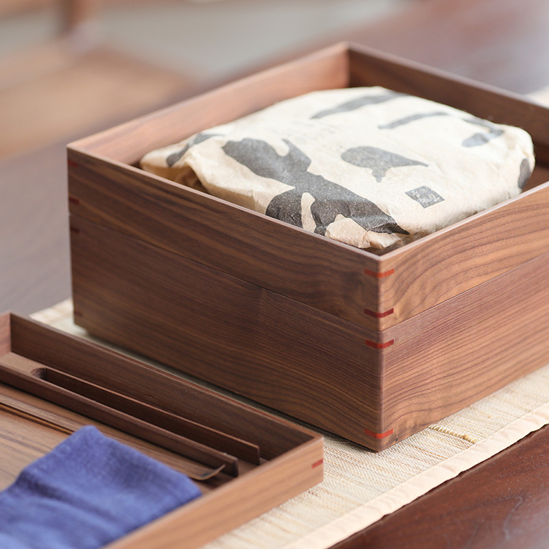 黑胡桃木普洱茶盒实木托盘干果收纳盒果盘盖子礼盒茶叶罐实木礼盒