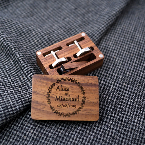 Pure copper wedding gift solid wood tie clip cufflinks wood French cufflinks set wooden box with engraving and printing LOGO