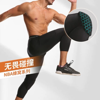 心形蜂窝防撞裤高弹锦纶莱卡男士篮球健身护膝盖七分运动裤户外