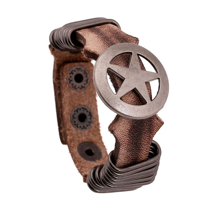Factory Direct Batch Top Layer Cowhide Iron Ring Retro Cowhide Bracelet Round Five-pointed Star Leather Bracelet Punk Bracelet