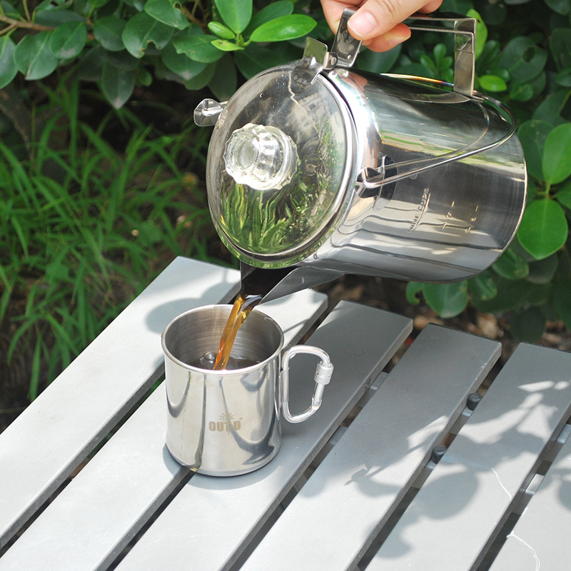 El fabricante suministra una cafetera americana de goteo estilo camping, cafetera mocha de acero inoxidable para uso en exteriores y en el hogar con capacidad para 9 tazas.