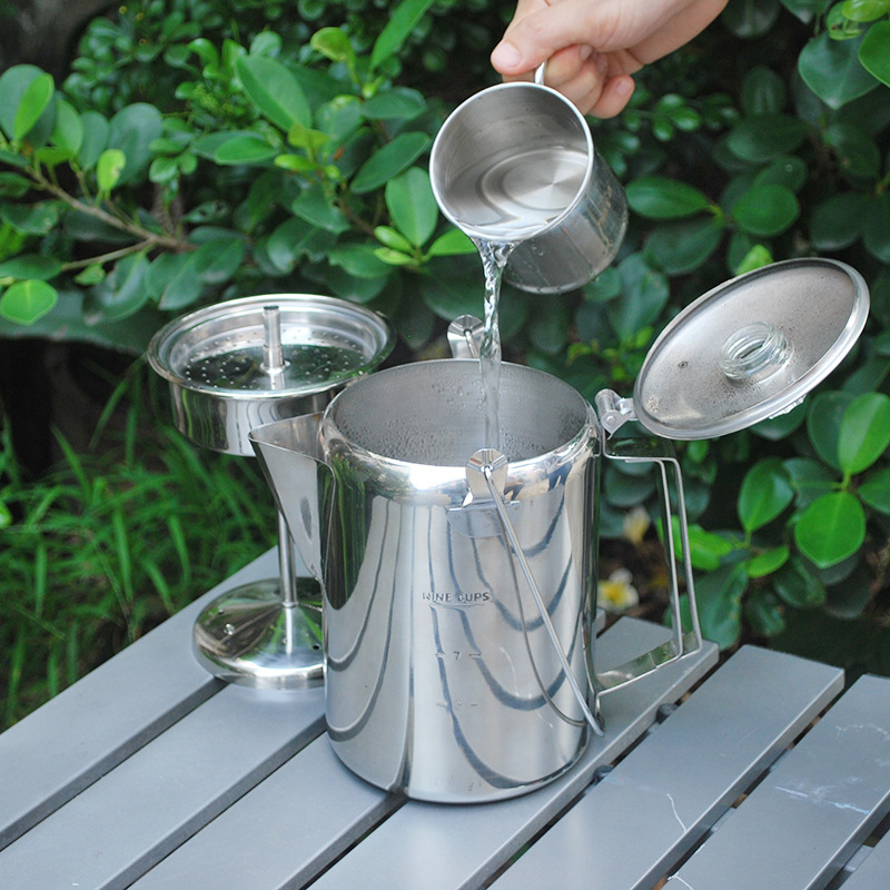 El fabricante suministra una cafetera americana de goteo estilo camping, cafetera mocha de acero inoxidable para uso en exteriores y en el hogar con capacidad para 9 tazas.