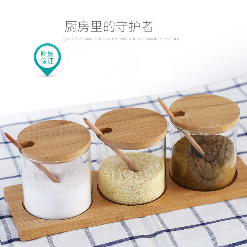Fuente de la fábrica cocina condimento tarro vidrio japonés bambú madera cubierta condimento tarro azúcar y sal tarro condimento a prueba de polvo botella traje
