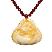 直播白花蜜蜡弥勒佛吊坠女款毛衣链琥珀原石雕刻大肚笑佛项链