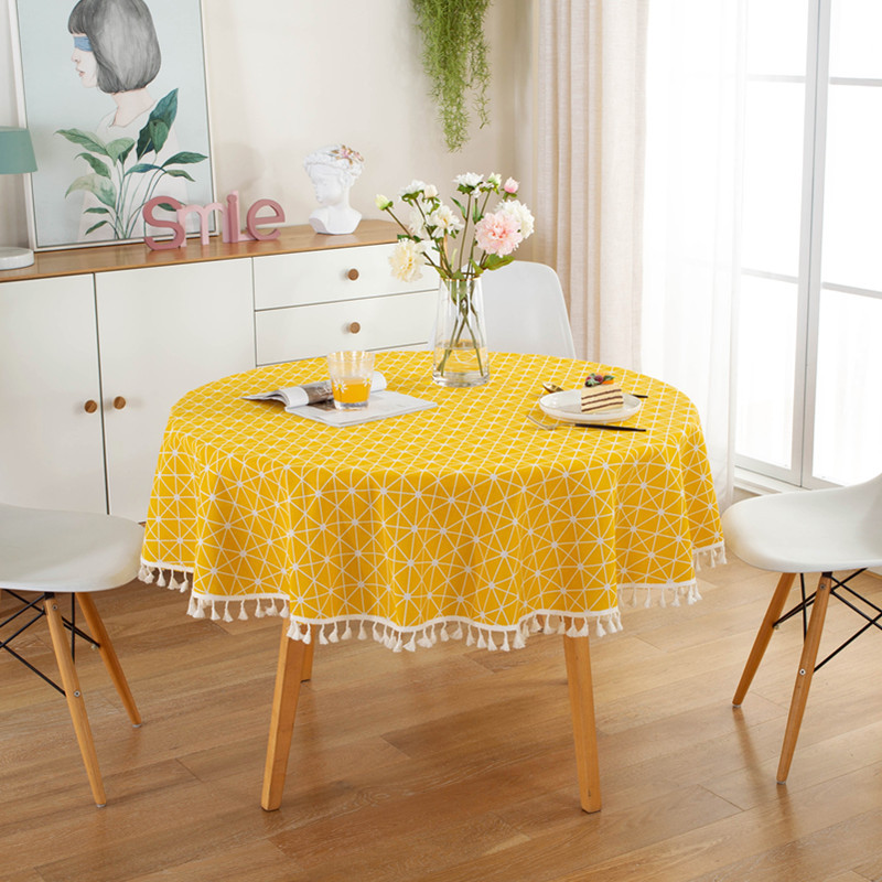 Nordic Polyester Cotton Round Tablecloth Colorful Triangle Yellow Rice Gray Arrow Cotton Linen Printed Tassel Tablecloth Tablecloth