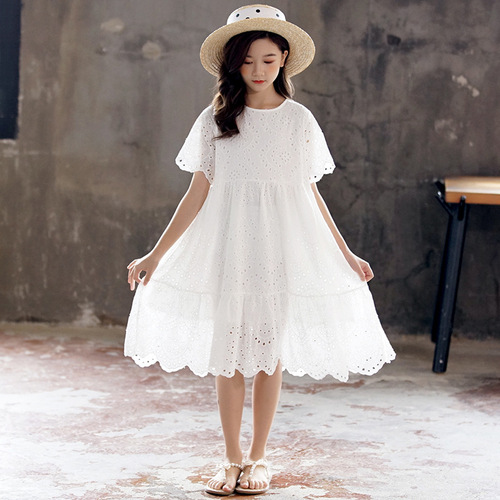 Little Girls' Summer Short Sleeve Lace-up Princess Dress  New Style for Middle and Big Kids, Cute Girls' Dress