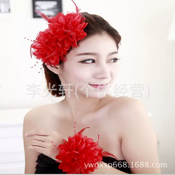 Wholesale New Style Seed Bead Feather Hairpin Accessories, Dance Wear Fabric Hairband, Wrist Flower, Red Head Flower