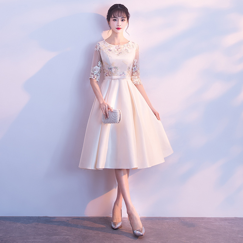 Evening Dress Women's Mid-Length 2025 New Spring Champagne Color Bridesmaid Dress Chinese Performance Dress Host Evening Dress Evening Dress Women's Mid-Length 2025 New Spring Champagne Color Bridesmaid Dress Chinese Performance Dress Host Evening Dress