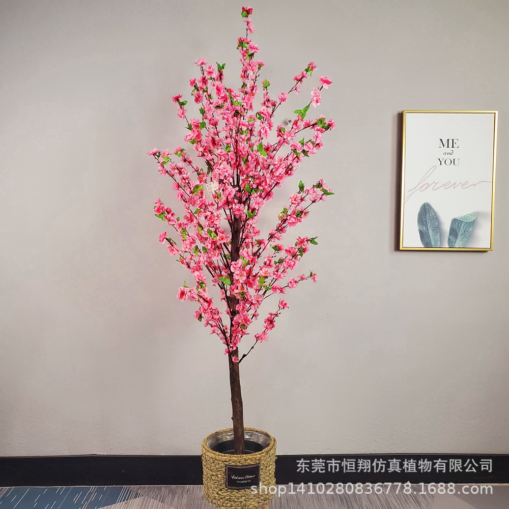 Venta caliente planta de simulación flor de durazno falsa decoración de la sala de estar sala de exposiciones planta en maceta de piso flor falsa decoración de interiores flor de durazno de simulación