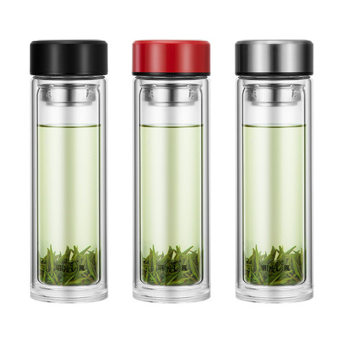 Mingxia double-layer glass men's household water cup business portable transparent lidded tea and water separation tea cup for women