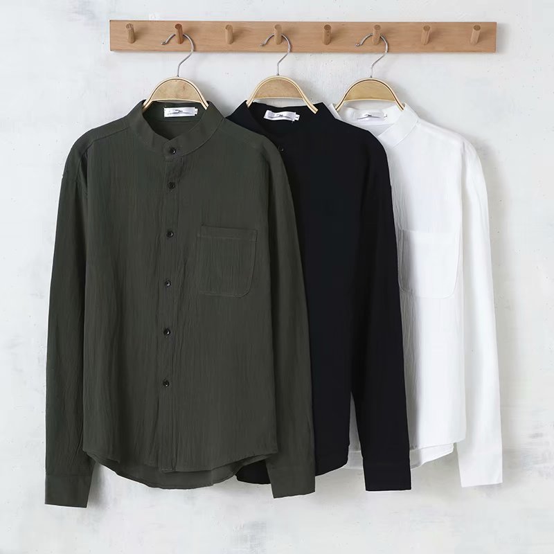 Solid color shirt men's long-sleeved round neck casual bottoming shirt spring and autumn loose cotton and linen slim fit couple stand collar white shirt