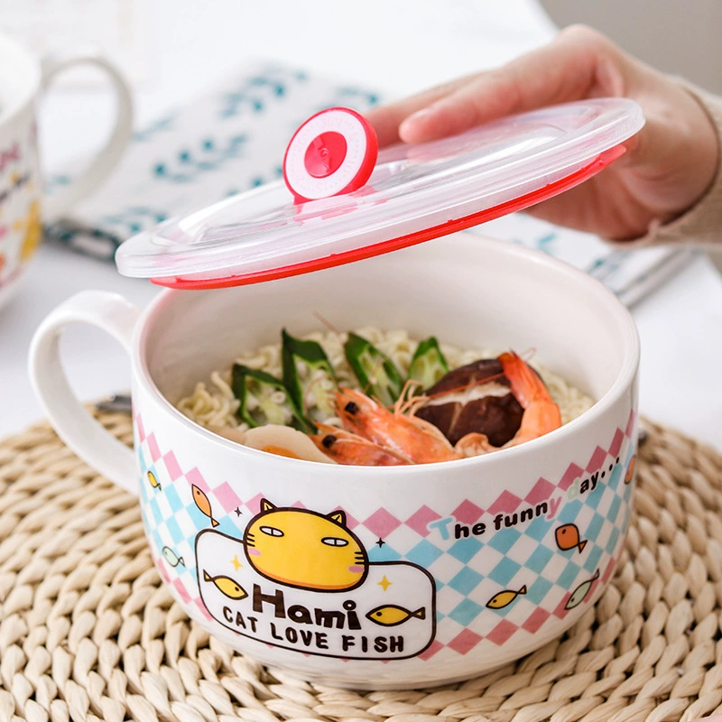 Microwave ceramic noodle bowl with lid and handle, 5.25″ and 6″, cute printed designs