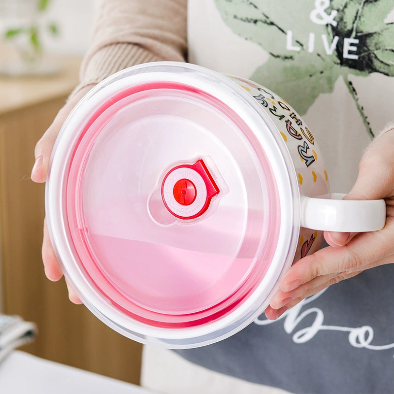 Microwave ceramic noodle bowl with lid and handle, 5.25″ and 6″, cute printed designs