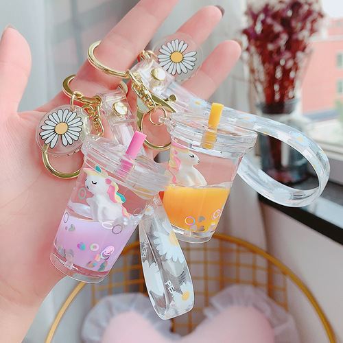 Creative Cartoon Unicorn Bottle Fruit Daisy Acrylic Cat Pearl Milk Tea Cute Car Keychain