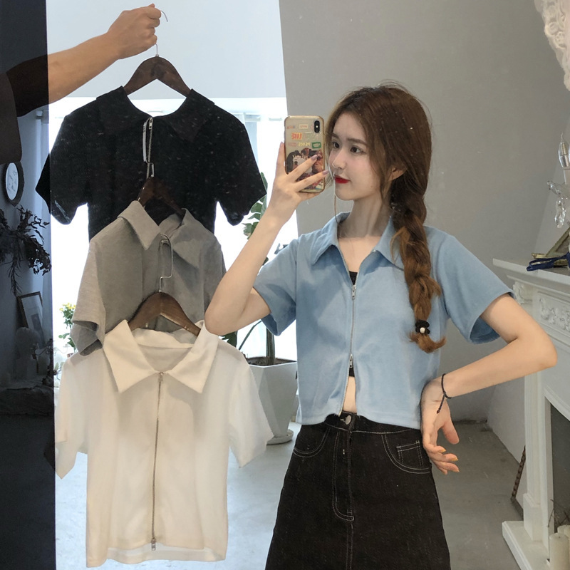 Summer Korean Style 2026 New Women's Slim-Fit Short-Sleeve T-Shirt, Short Zip-Up Shirt, Small Top Jacket Summer Korean Style 2026 New Women's Slim-Fit Short-Sleeve T-Shirt, Short Zip-Up Shirt, Small Top Jacket