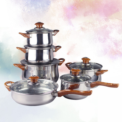 电木纹不锈钢汤锅欧美风情套锅俄罗斯复底锅具弧形涨型款12pc pot