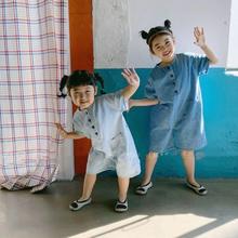 儿童牛仔连体衣 夏季韩版新款连体衣 儿童宽松牛仔爬行衣