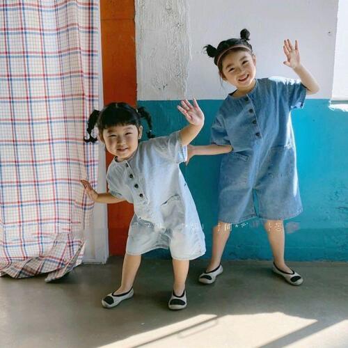 Children's denim onesie Summer Korean version new onesie Children's loose denim crawling suit