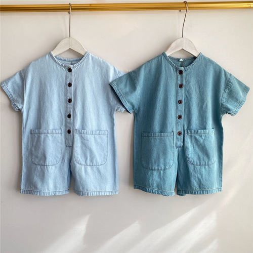 Children's denim onesie Summer Korean version new onesie Children's loose denim crawling suit