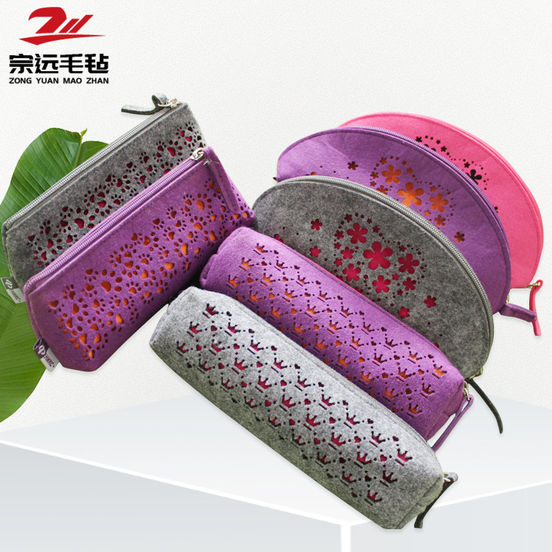 批发纯色镂空雕花大容量收纳毛毡笔袋  拉链式简约创意毛毡笔袋