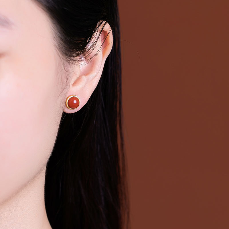 Khuyên tai hoop nữ đơn giản cá tính cổ điển đá Mã Não Đỏ bạc S925 — Một cặp