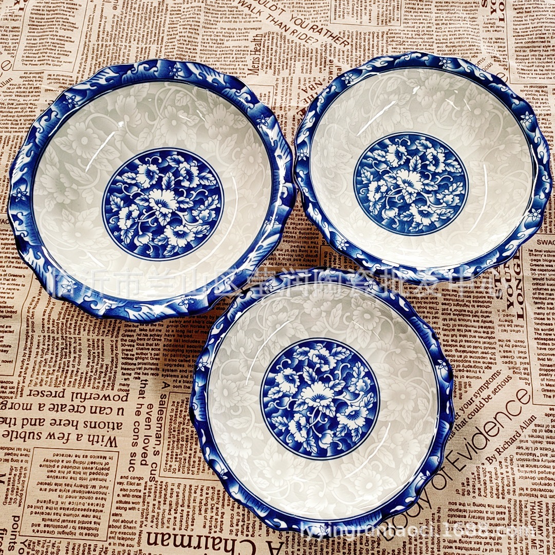 Comercio electrónico al por mayor de impresión verde cuencos y platos de cerámica se adaptan a las necesidades diarias vajilla de porcelana azul y blanca dos yuanes más que el suministro de la tienda