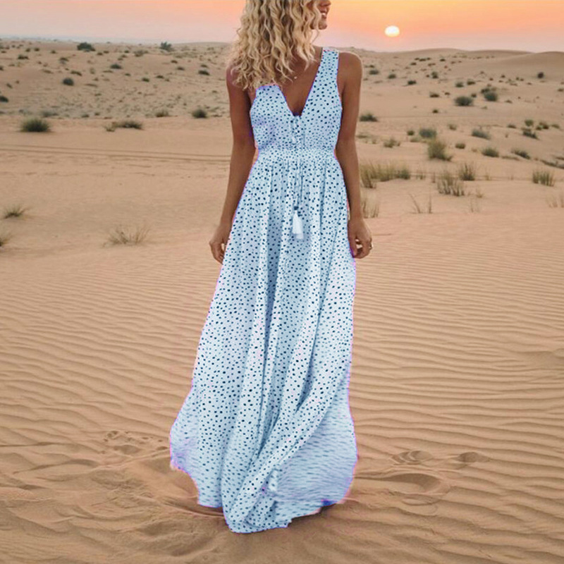 European and American New Fashionable Summer V-neck Sleeveless Sexy Beach Dot Bohemian Trend Tassel Dress European and American New Fashionable Summer V-neck Sleeveless Sexy Beach Dot Bohemian Trend Tassel Dress