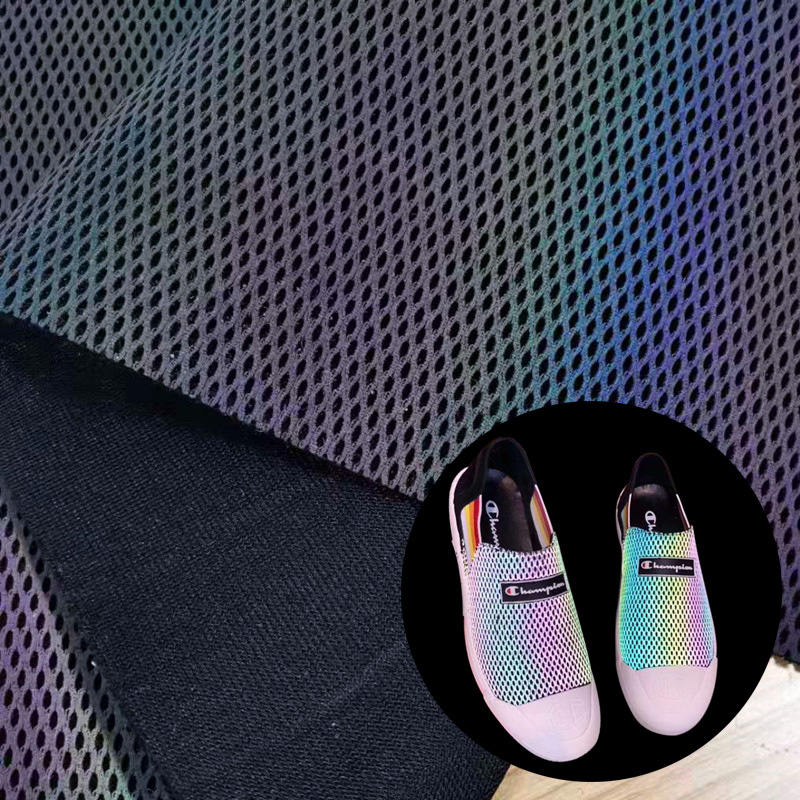 厂家供应七彩反光三明治鞋面材银色反光网眼布 加厚幻彩反光网布