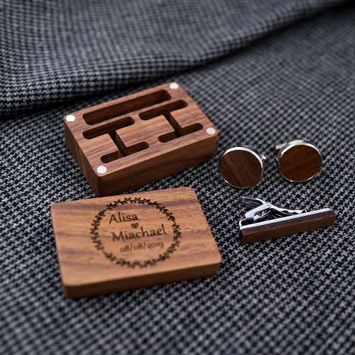 Pure copper wedding gift solid wood tie clip cufflinks wood French cufflinks set wooden box with engraving and printing LOGO