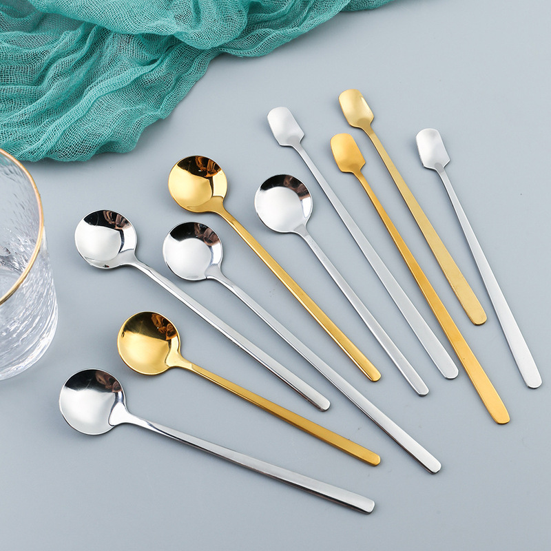 L Stainless Steel Smoothie Spoon, Long-Handled Ice Cream Spoon, Square-Headed Spoon, Round-Headed Spoon, High-Quality Bird's Nest Stirring Spoon